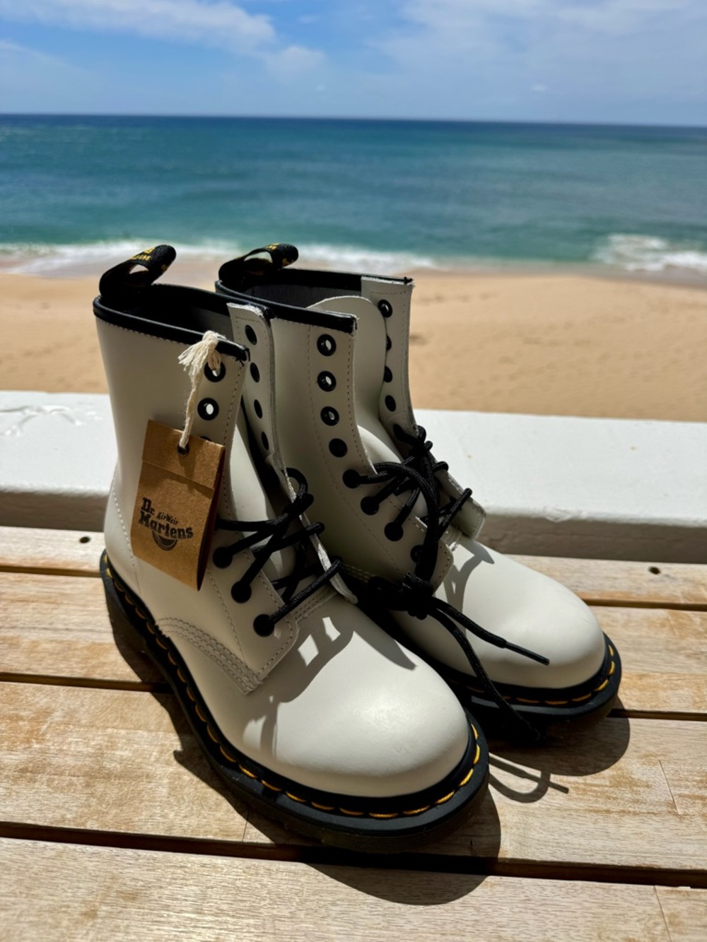 Dr. Martens White Leather 8-Eye Lace-Up Boots with Yellow Stitching